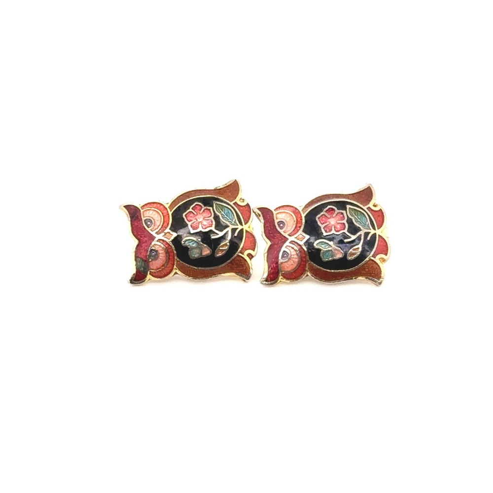 Vintage Cloisonne Owl Clip On Earrings Floral Enamel Bird Jewelry Gold Tone